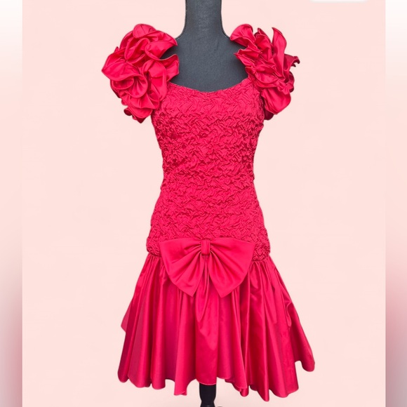 Vintage Dresses & Skirts - VTG 80s Prom Dress Red Layered Ruffled Size 5/6 with drop waist